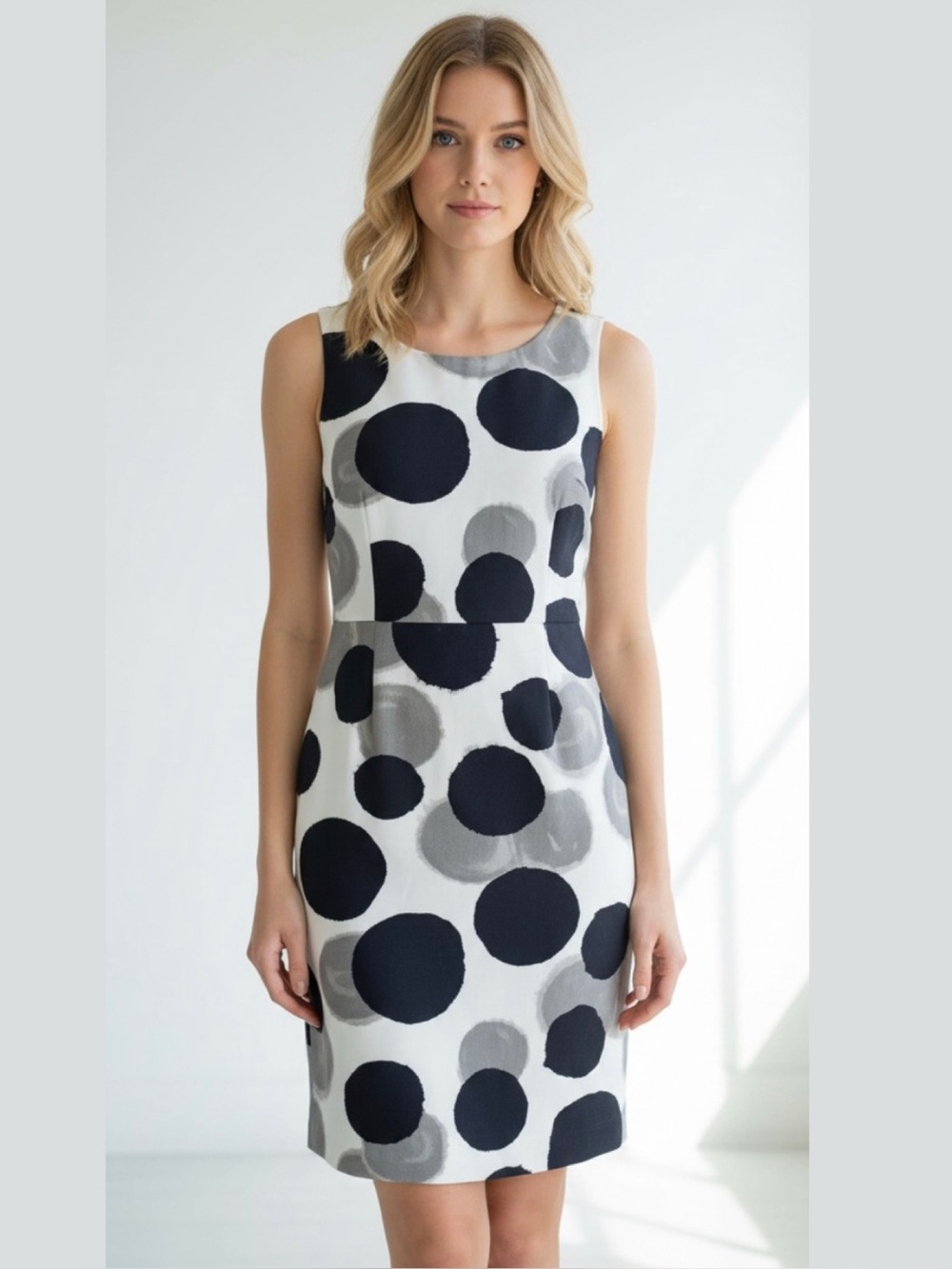 Ann Taylor Lined Circle Print Sheath Dress White Gray Black Sleeveless 8 EUC